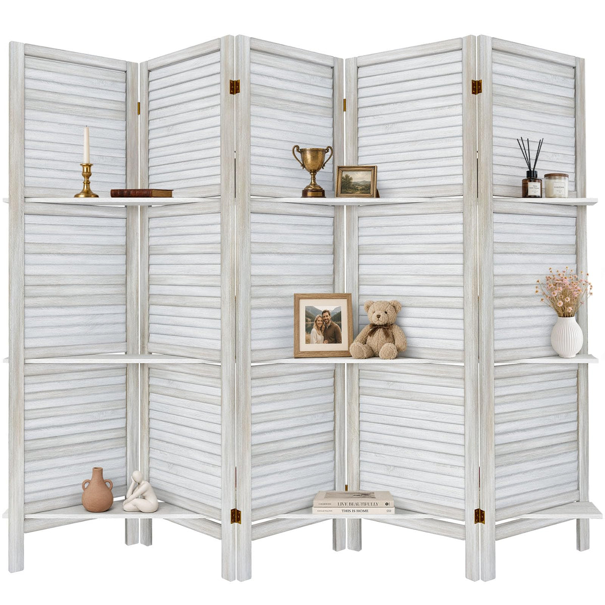 TEAKMAMA Room Divider, Room Divider with Shelves, 4 Panel,Distressed White