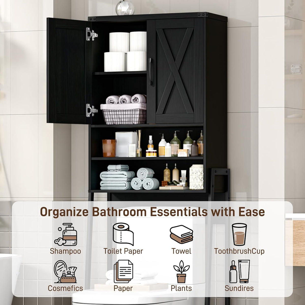 Vabches Metal Frame Over The Toilet Storage Cabinet, Black