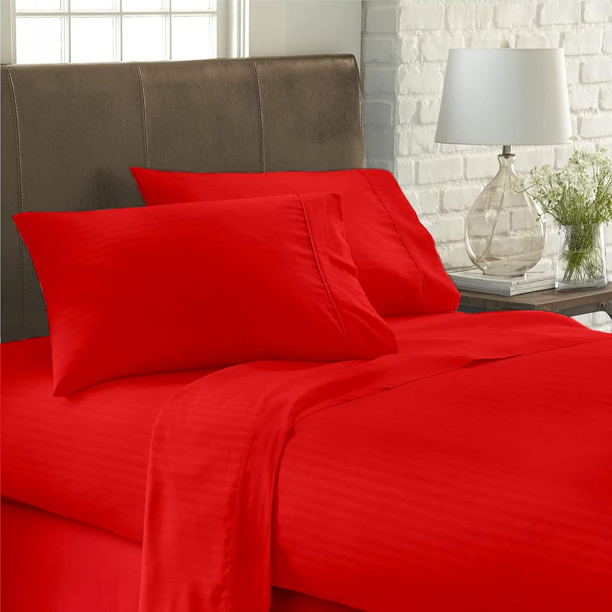 USA Full Sheet Set in Blood Red Stripe 400 Thread-Count 100% Egyptian Long Staple Cotton, Sateen Weave for Soft and Silky Feel, Breathable 4-Piece Bedsheet, Elasticized 24'' Extra Deep Pocket