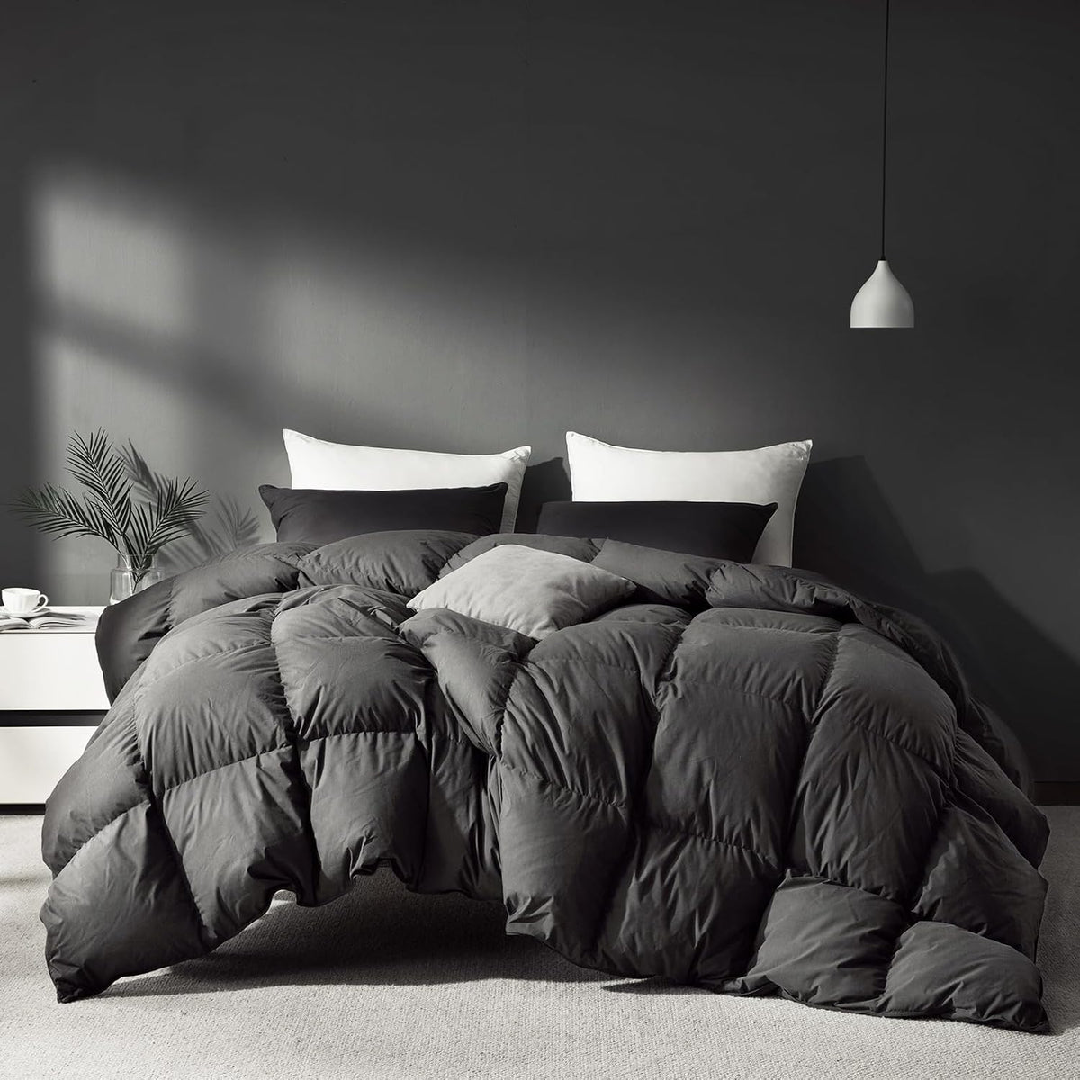 Grey Goose Feather Down Comforter Queen Size, Premium All Season Duvet Insert, 750+ Fill Power 1200TC Cotton Blend Fabric Hotel Style Comforter, 42 Oz Lightweight (90x90, Dark Grey)