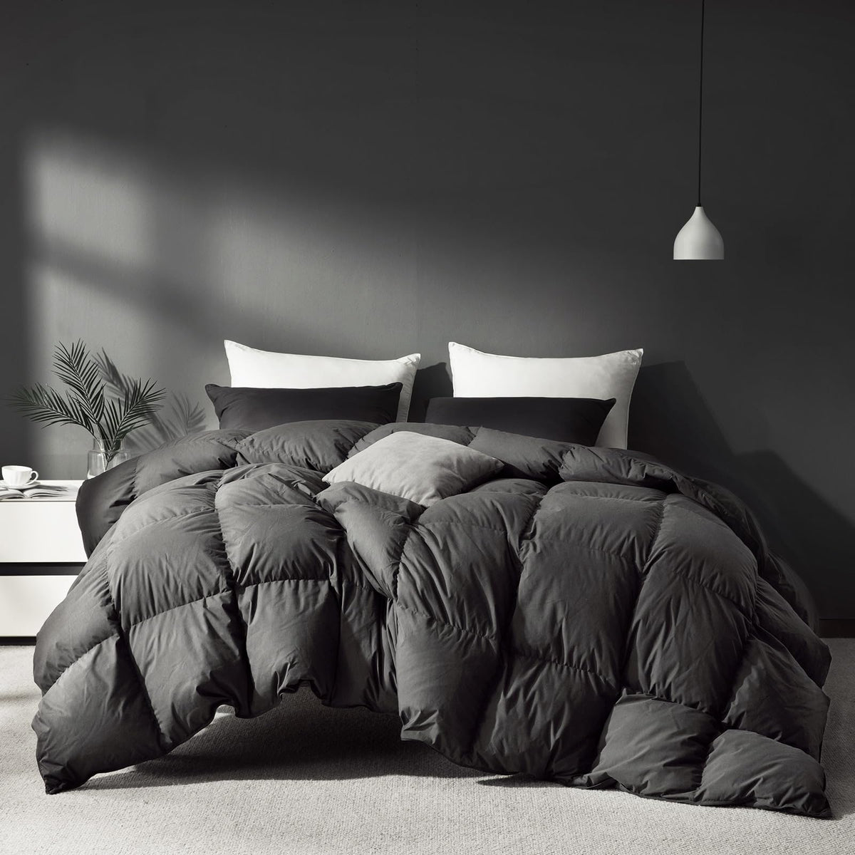 Grey Goose Feather Down Comforter Queen Size, Premium All Season Duvet Insert, 750+ Fill Power 1200TC Cotton Blend Fabric Hotel Style Comforter, 42 Oz Lightweight (90x90, Dark Grey)