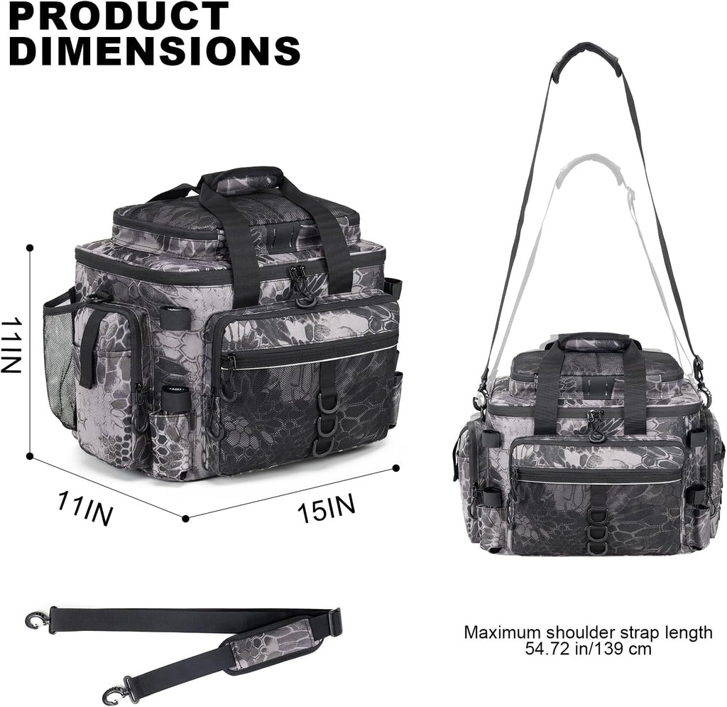 Rabjen Fishing Tackle Bag with Rod Holders & Cooler Main Compartment – Large Capacity Fishing Bag for Organized Gear Storage