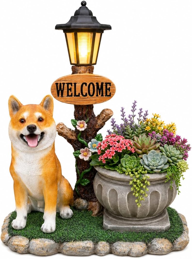 Solar Shiba Inu Statue with Welcome Sign & Lantern, Dog Garden Figurine Planter Pot, Realistic Outdoor LED Light for Porch, Yard Art & Lawn Decor, Unique Gift for Shiba Inu Lovers