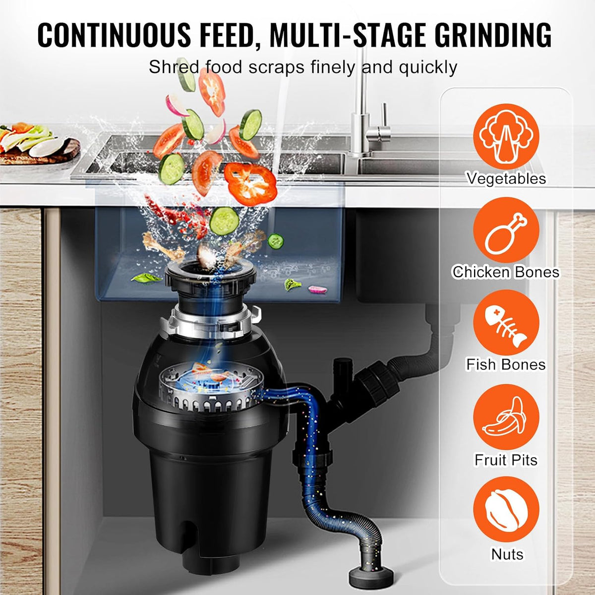 VEVOR Garbage Disposal, 1HP 3270RPM DC Motor, Continuous Feed Food Waste Sink Disposer, EZ Connect Food Waste Grinding System with Sound Reduction, Power Cord and Splash Guard, for Kitchen