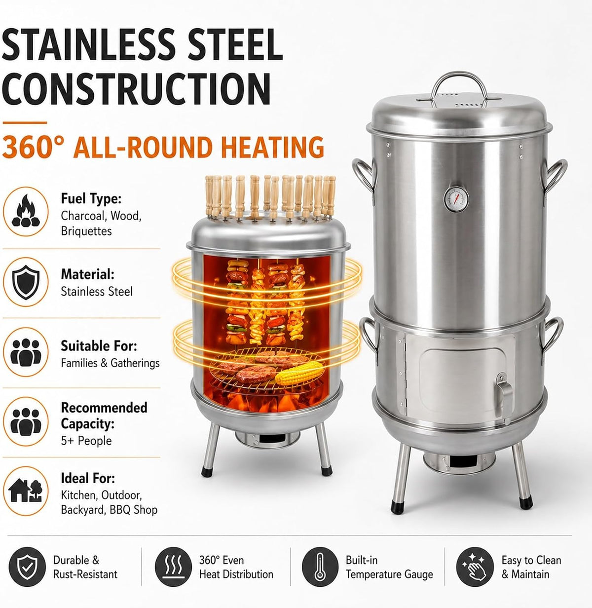 Vertical Smoker Grill Combo 36.6in Stainless Steel Charcoal Meat Smoker with Built-in Thermometer Full Accessories for Outdoor BBQ Camping