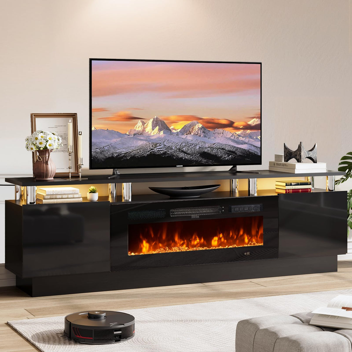 70" TV Stand for Living Room, Modern Entertainment Center & Media Console, Fits TVs up to 80", Storage Cabinet with Shelves, 36" Electric Fireplace with LED Flame (All Black)