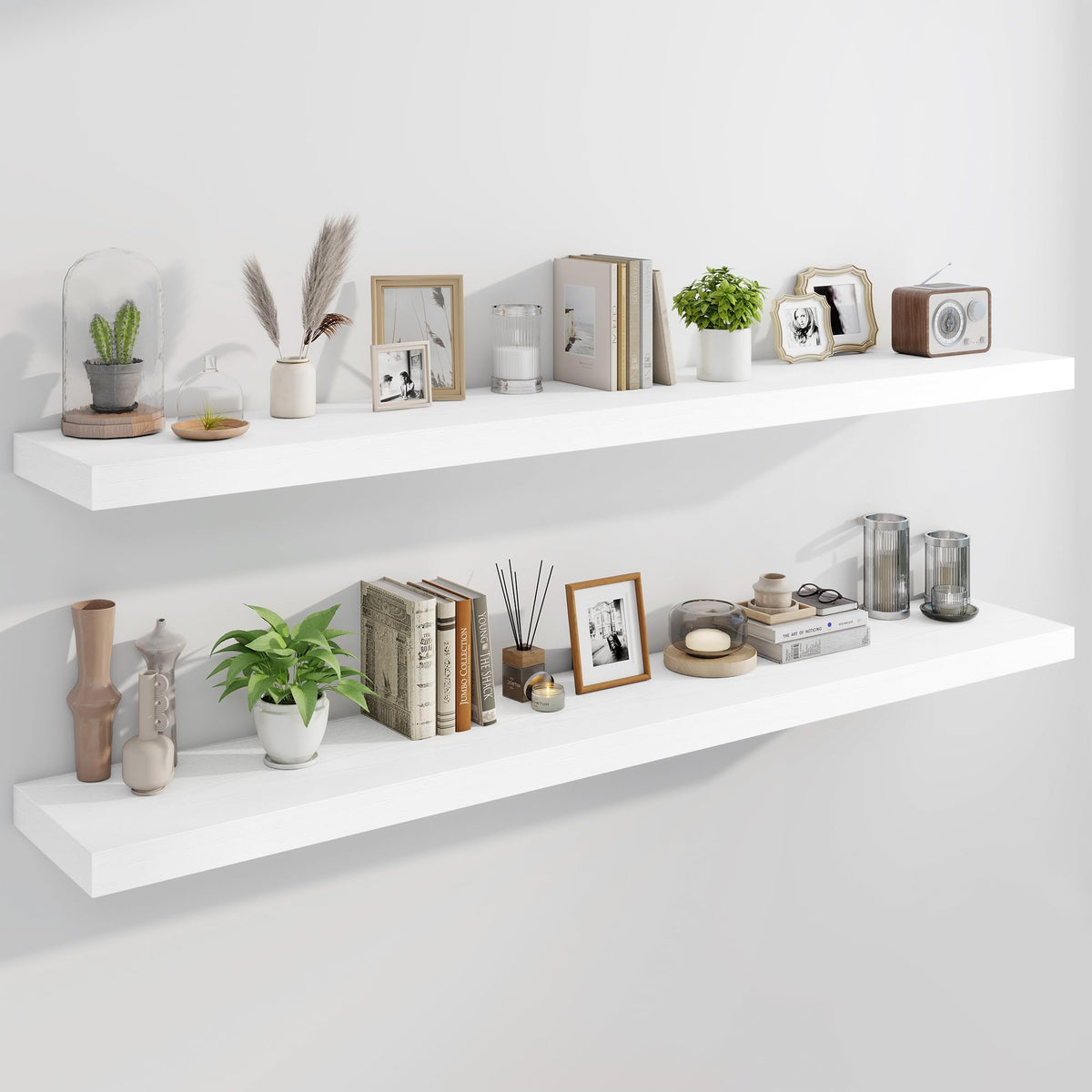 Marsmiles 55" Floating Shelves for Wall, Wooden Shelves with Invisible Brackets Set of 2, Rustic Farmhouse Wall Mounted Shelf for Kitchen Bathroom Living Room Study, White