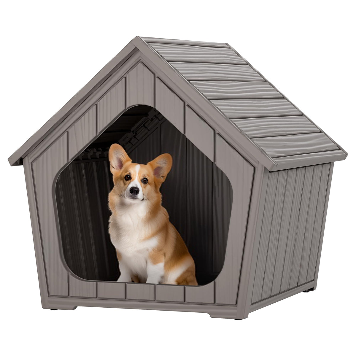 Fancyango Large Dog House Outdoor Indoor for Medium Large Dogs, Sturdy Plastic Waterproof Doghouse with Air Vents and Elevated Floor, Easy Clean and Assemble (Grey, 36.2''L×38''W×38''H)