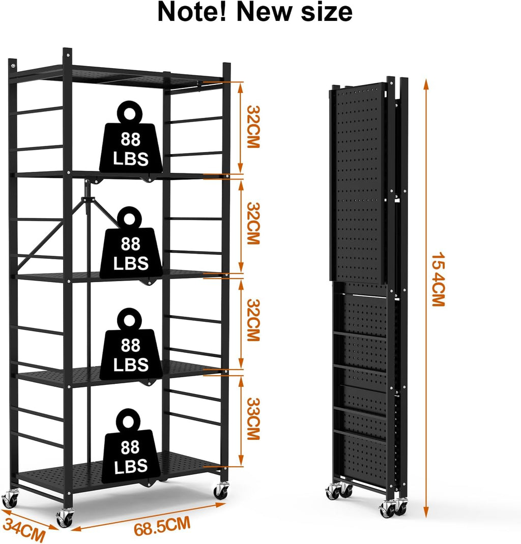 Himix 5-Tier Foldable Storage Shelves with 20 Hooks Wheels Kitchen Black