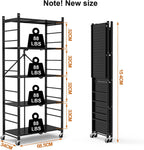 Himix 5-Tier Foldable Storage Shelves with 20 Hooks Wheels Kitchen Black