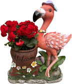 26" Outdoor Garden Sculpture Flamingo Flower Pot Planter with Solar LED Lights, Cute Resin Succulent Pot for Garden, Porch & Home Decor (Pink+Right)