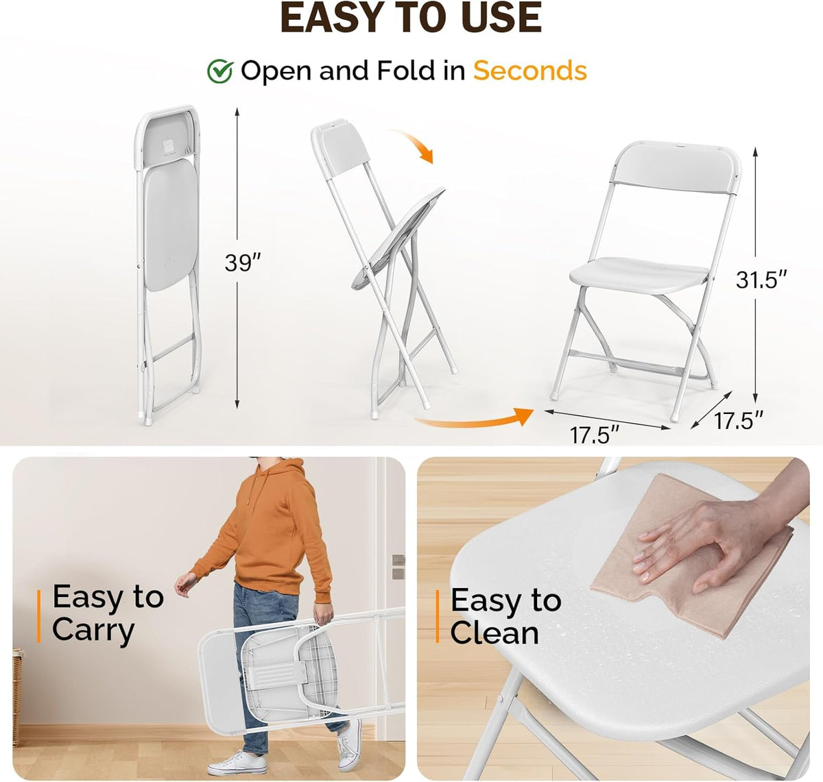 Bonnlo Folding Chairs Set of 4, White Plastic Chair Sturdy Seat with Metal Frame, Perfect for Party, Event, Wedding, Birthday, Office, Outside Entertaining