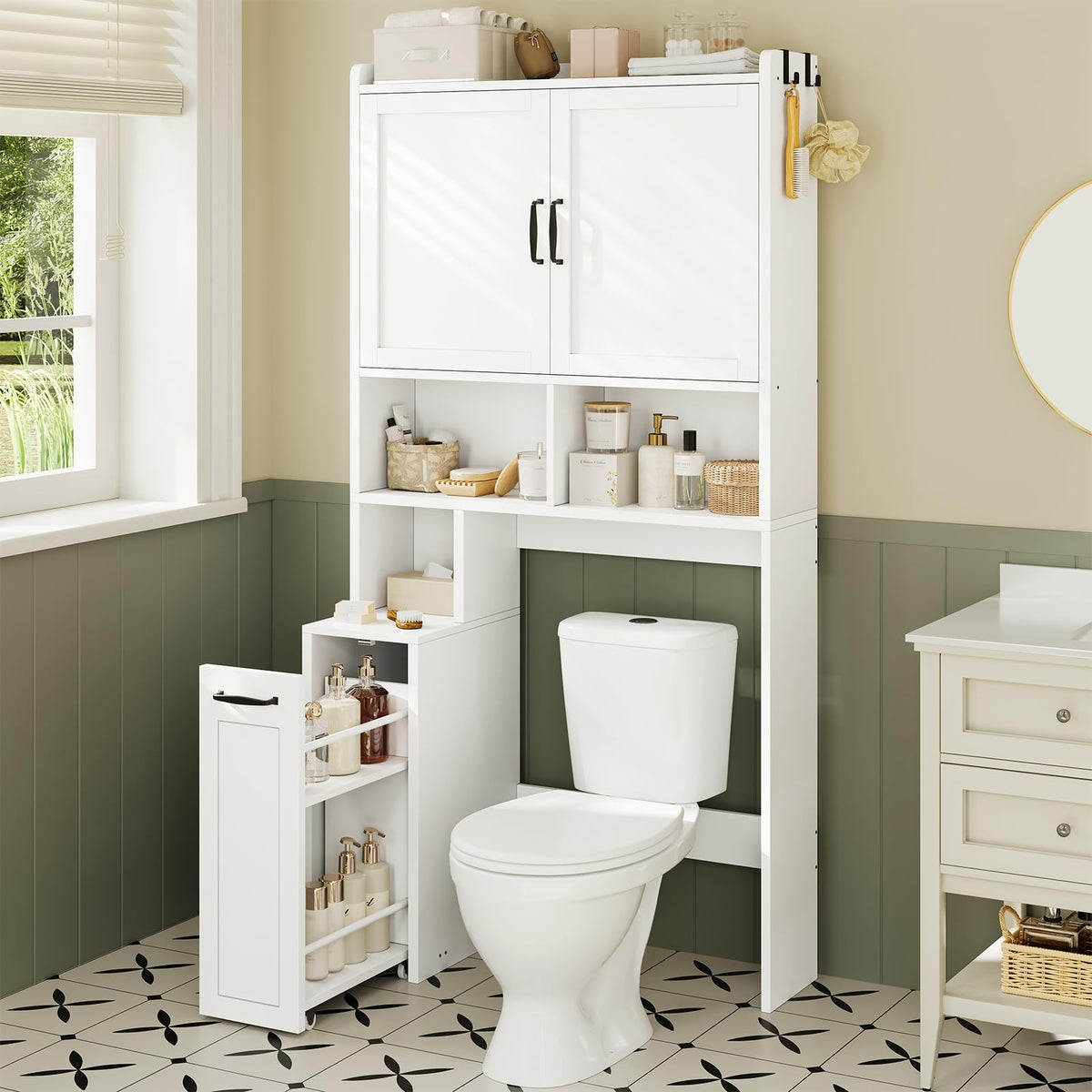 UPOSOJA Over The Toilet Storage Cabinet with Pulley Small Bathroom Storage Cabinet, Space Saver W/Adjustable Shelf & Open Shelf for Bathroom, Restroom, Laundry (White)