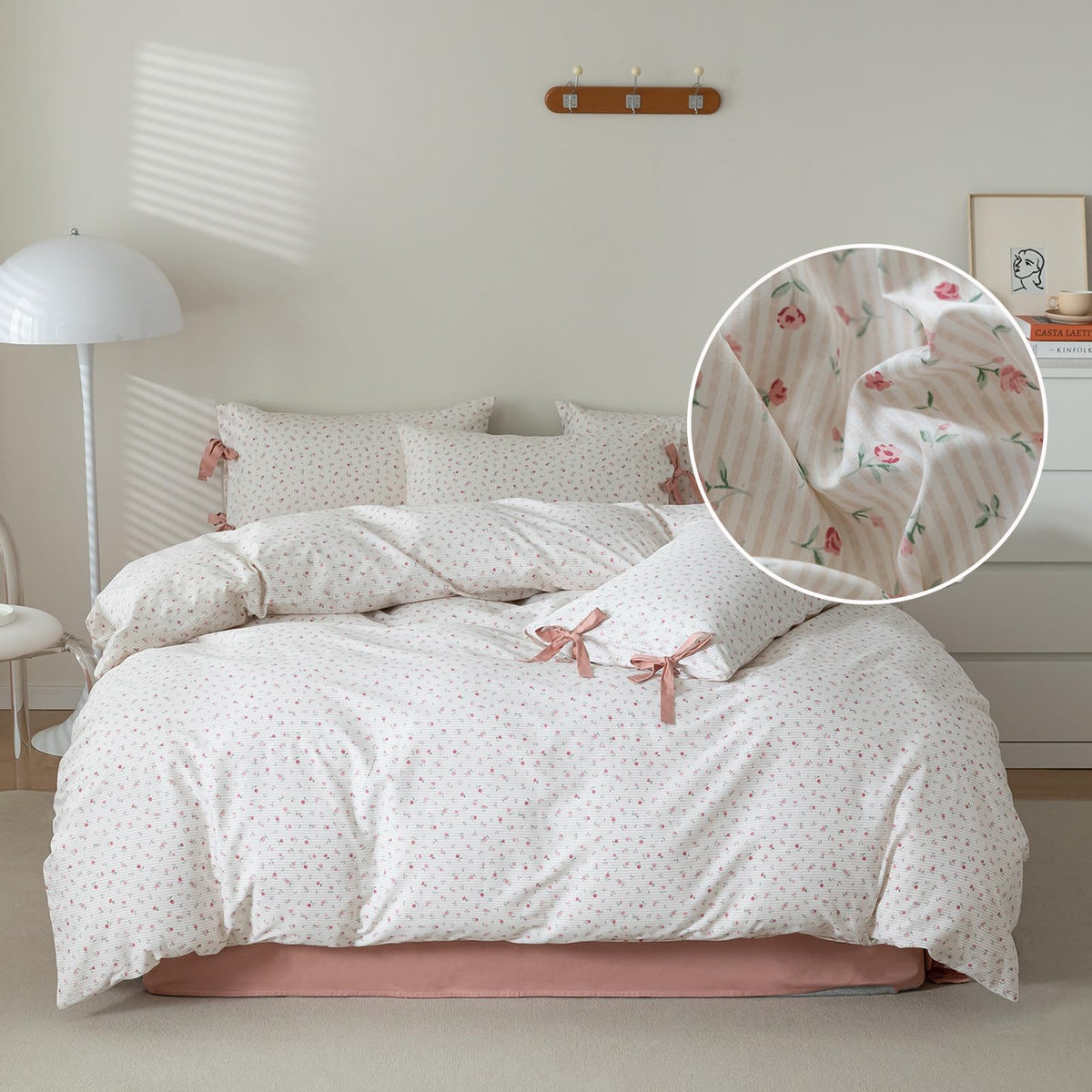 LifeTB Green Floral 100% Jersey Knit Cotton Duvet Cover Queen Vintage Style Botanical Floral Bedding Set Chic Shabby Green Floral Comforter Cover Girl Women Flower Bedding Cover with 2 Pillowcases