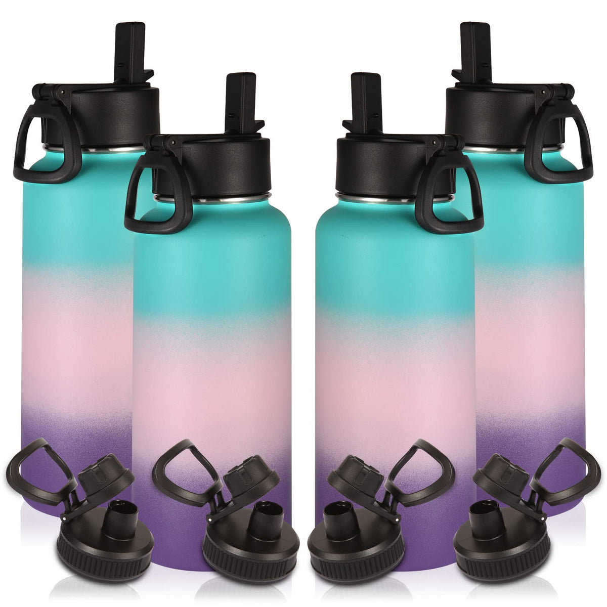 Volhoply 32oz Insulated Water Bottle with Straw Lid, Black, 8-Pack