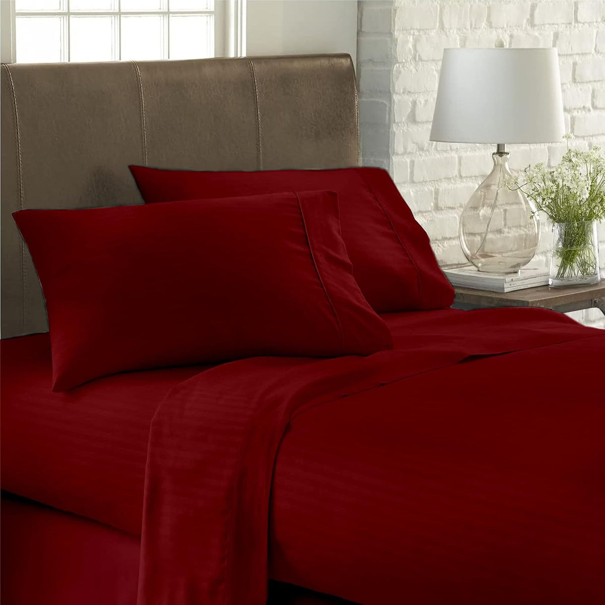USA Full XL Sheet Set in Burgundy Stripe 400 Thread-Count 100% Egyptian Long Staple Cotton, Sateen Weave for Soft and Silky Feel, Breathable 4-Piece Bedsheet, Elasticized 24'' Extra Deep Pocket