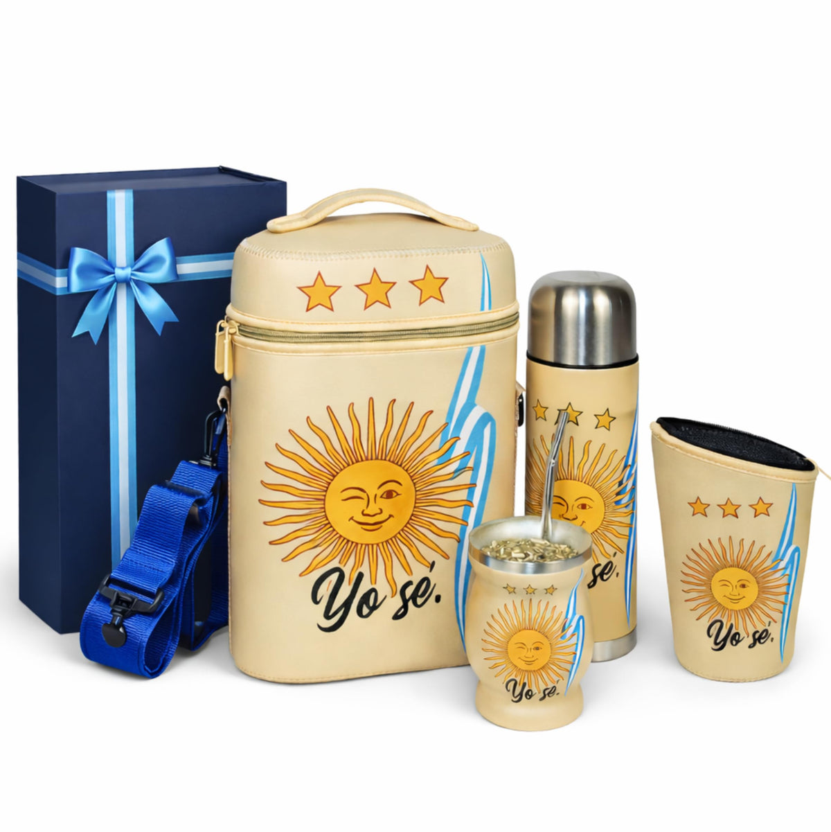 Argentine Yerba Mate Kit – Premium Stainless Steel Mate Cup & Bombilla Set with 750ml Vacuum Insulated Bottle, Yerba Container & Neoprene Bag – Authentic Argentine Design