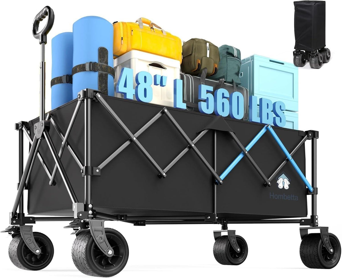 52" Heavy Duty Double Decker Wagon, 650L Collapsible Folding Wagon Cart with Brakes, 560 lbs Load, All-Terrain Big Wheels for Camping, Fishing, Sports and Transport, Black