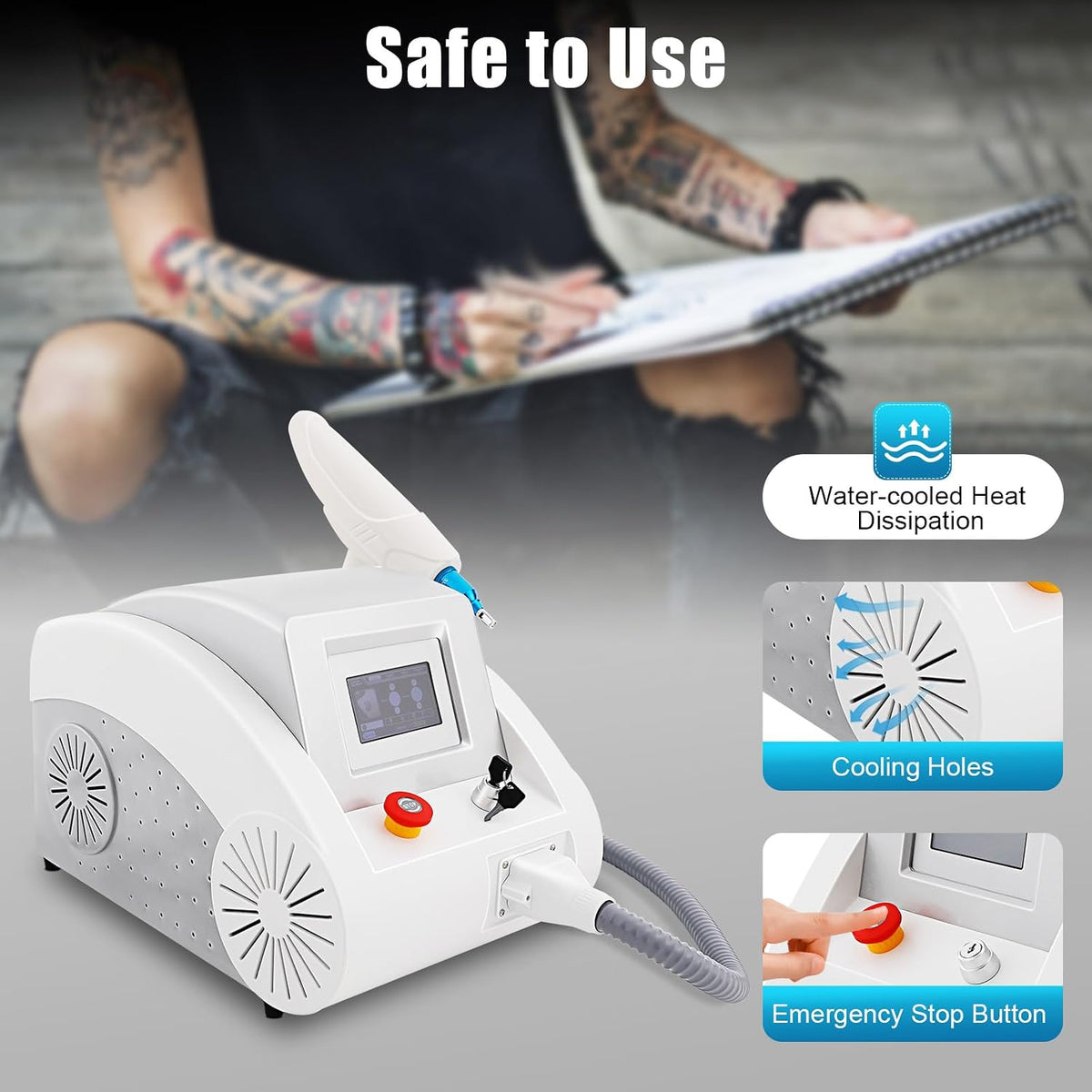 Q Switched Nd Yag Laser Tattoo Removal Machine, Picosecond Pigment Care Machine with Dual Wavelength 1064nm 532nm, Salon Grade Skin Equipment, for Spots, Tattooed Eyebrows, and Home Use