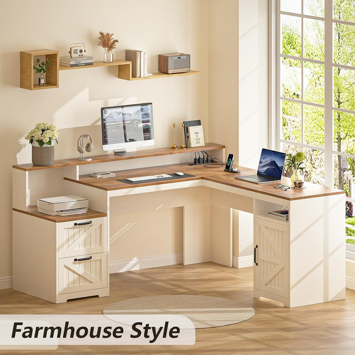 63" Farmhouse L Shaped Desk with Drawers & Printer Shelf for Home Office