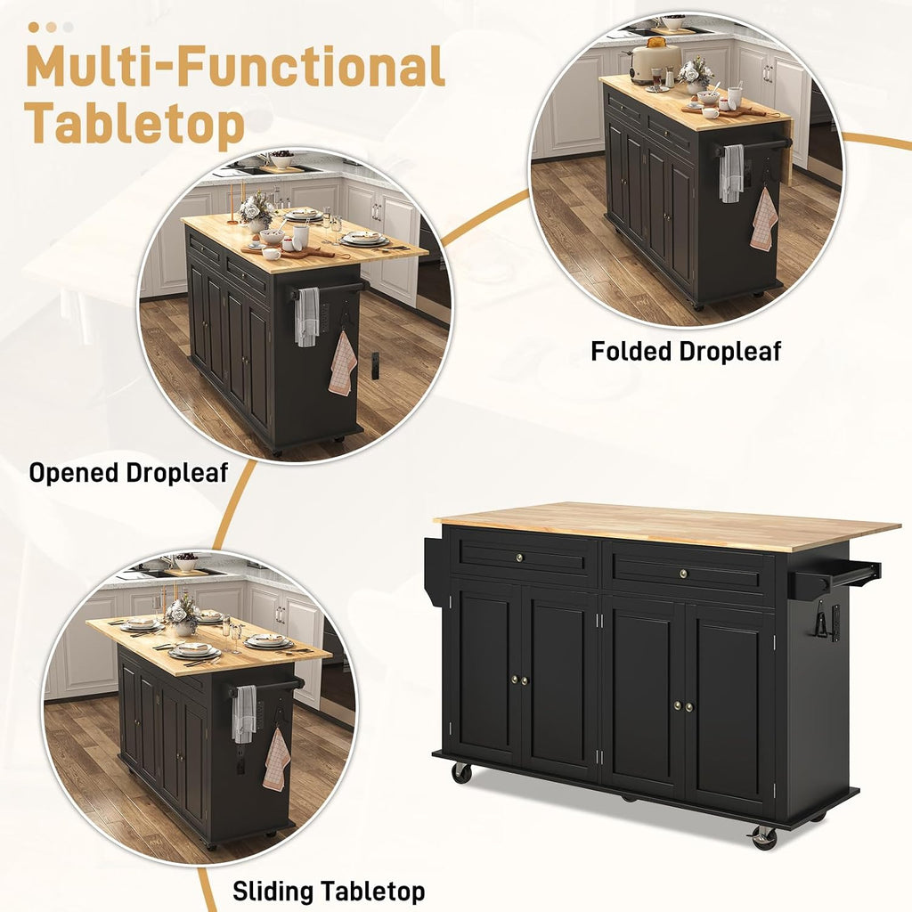 Hlivelood 55" Movable Kitchen Island with Drop Leaf and Power Outlet, Rolling Cart with Storage Cabinet, Island Table on Wheels for Kitchen with 2 Drawers, Spice Rack, Towel Bar, Garage Hook, Black