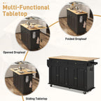 Hlivelood 55" Movable Kitchen Island with Drop Leaf and Power Outlet, Rolling Cart with Storage Cabinet, Island Table on Wheels for Kitchen with 2 Drawers, Spice Rack, Towel Bar, Garage Hook, Black