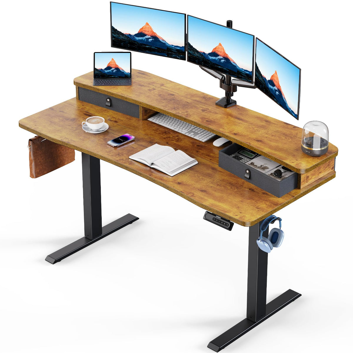 HUANUO 48″ x 28″ Electric Standing Desk with 2 Drawers, C-Clamp Mount Compatible, Height Adjustable Computer Desk, Home Office Stand Up Desk with 4 Preset Heights & 2 Hooks, Black