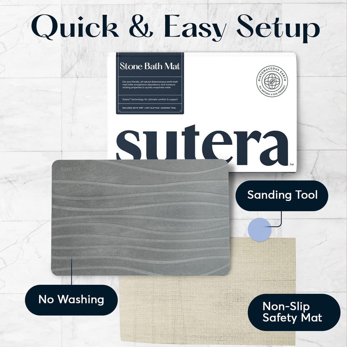 Stone Bath Mat for Bathroom, Dries in Seconds - Diatomaceous Earth, Gray