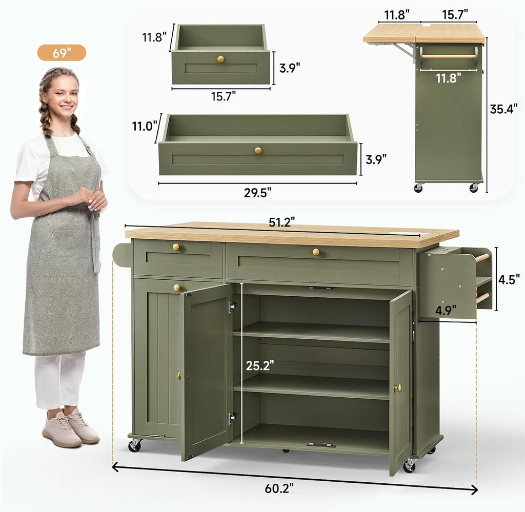 ONBRILL 60" Kitchen Island with Trash Can Storage, Rolling Island Table