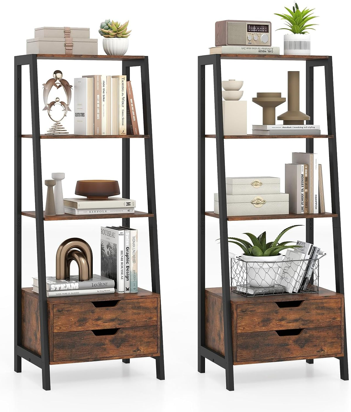 GIANTEX 4-Tier Bookshelf with 2 Drawers Set of 2, Modern Ladder Bookshelf w/Storage, Sturdy Metal Frame, Anti-toppling Devices, Display Standing Shelf Unit, Freestanding Bookcase, Rustic Brown