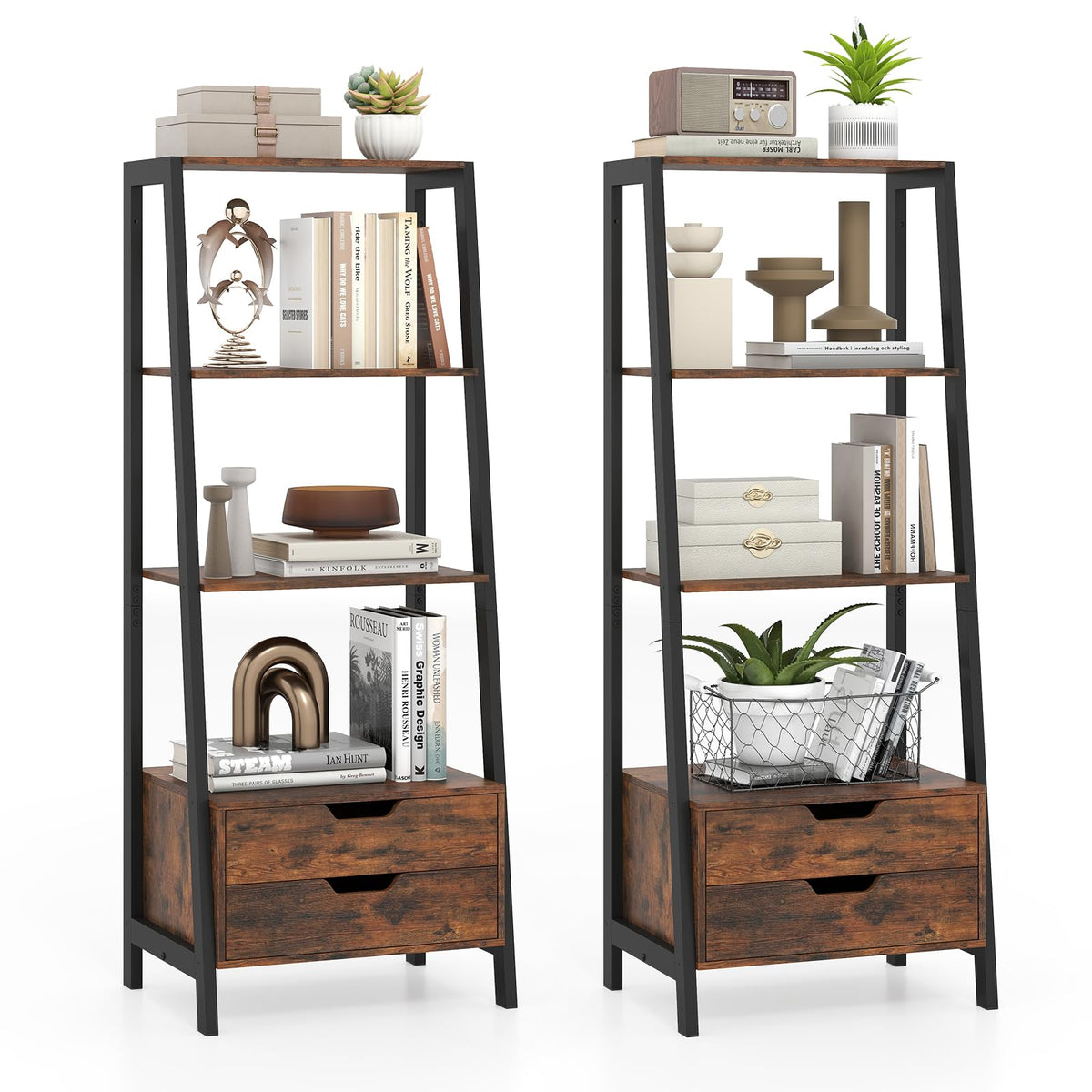 GIANTEX 4-Tier Bookshelf with 2 Drawers Set of 2, Modern Ladder Bookshelf w/Storage, Sturdy Metal Frame, Anti-toppling Devices, Display Standing Shelf Unit, Freestanding Bookcase, White & Gold