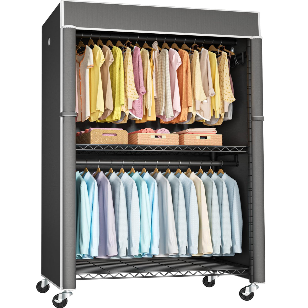 FUTASSI Black Clothing Rack with Black Cover, P1C Plus Rolling Closet