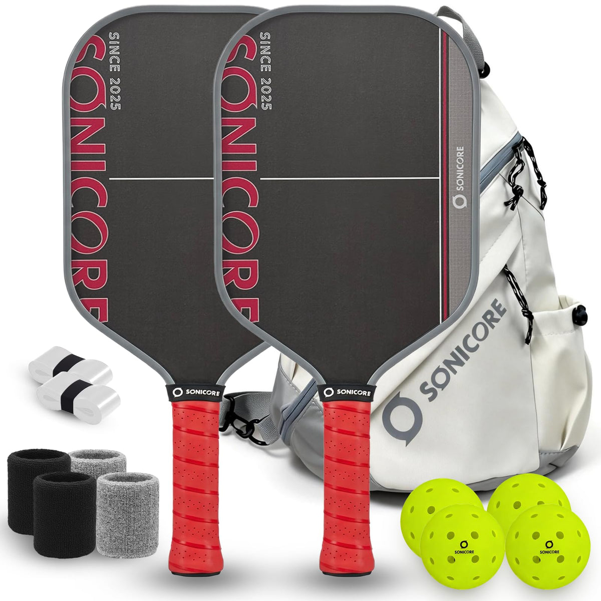 SONICORE Pickleball Paddles Set of 2, Carbon Fiber 16mm, 4 Balls & Bag