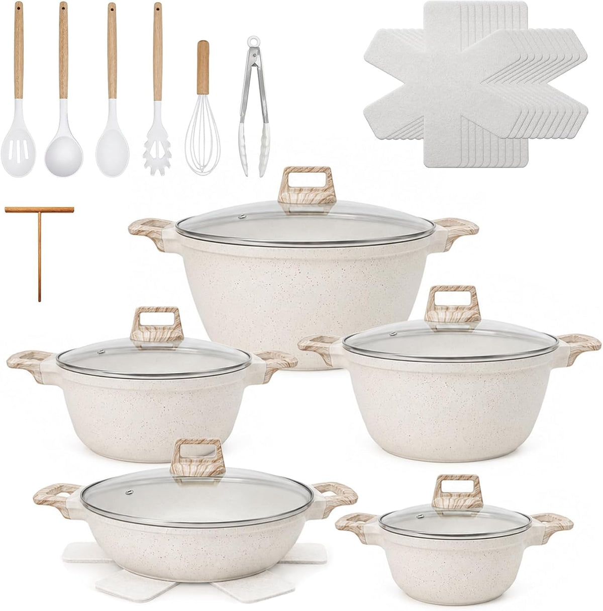 27piece Kitchen Pots And Pans Set Ceramic Home Nonstick Cookware Sets,a Heat-Resistant Glass Lid And Handles,Silicone Kitchenware Included|For Induction Cooktops Dishwasher Safe（Beige Sleek Style）