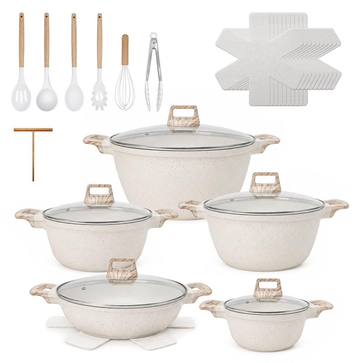 29Pcs Pots Pans Set Ceramic Nonstick Cookware Sets,White Fish Scale Pattern,Saucepot,With Frying Egg Pans and a Heat-Resistant Glass Lid,Silicone Kitchenware Included|For Induction Cooktops