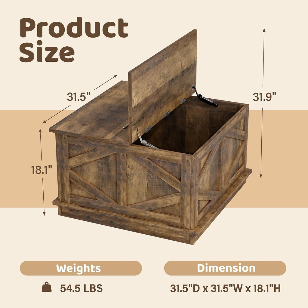 YESHOMY 31.5 Inch Square Farmhouse Coffee Table with Storage, Rustic Brown