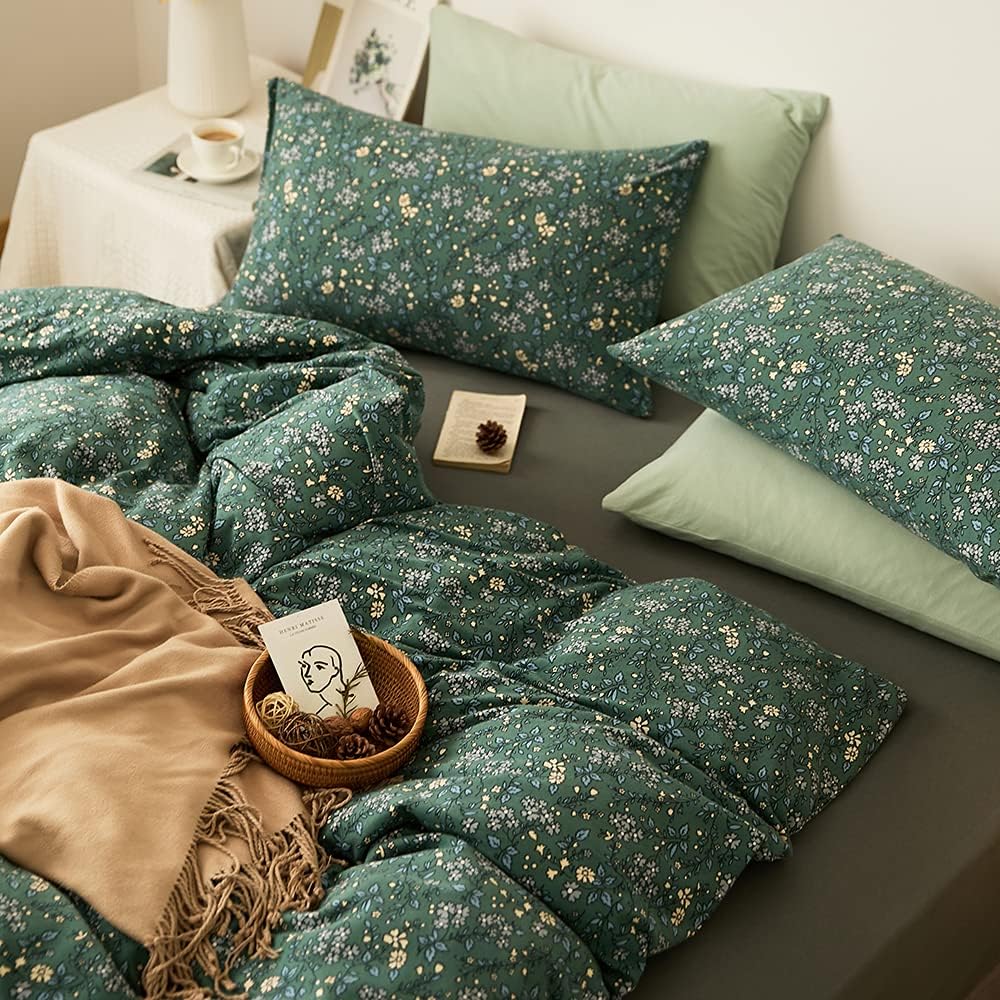 LifeTB Green Floral 100% Jersey Knit Cotton Duvet Cover Queen Vintage Style Botanical Floral Bedding Set Chic Shabby Green Floral Comforter Cover Girl Women Flower Bedding Cover with 2 Pillowcases