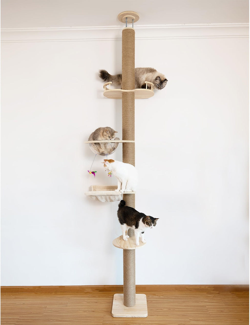 Floor to Ceiling Cat Tree Height (50-120.5in) Adjustable Cat Tower 5 Tier Hemp Scratching Post High Cat Tree Sturdy Activity Tree Indoor Outdoor Cat Scratching Post Activity Center