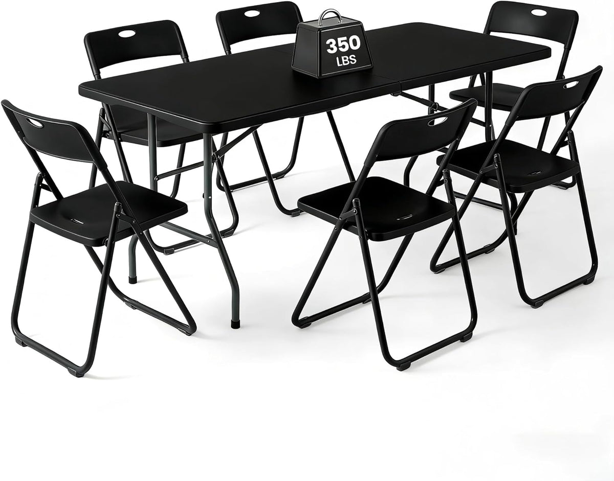 6FT Foldable Table Set with 6 Pack Plastic Folding Chairs, Heavy Duty 350 lbs Folding Table & Folding Chairs, Portable Foldable Furniture Bundle for Parties, Wedding, Events, Indoor & Outdoor