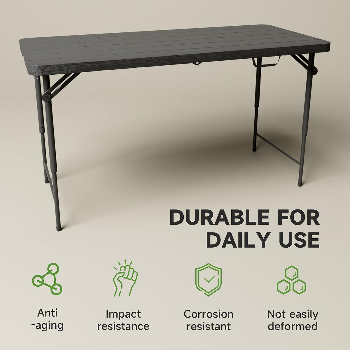 4 FT Folding Table, 3-Position Adjustable Height, Heavy Duty 400 lbs Capacity, Portable Table for Camping, Party, Indoor & Outdoor (Black Wood Grain, 2 Pack)