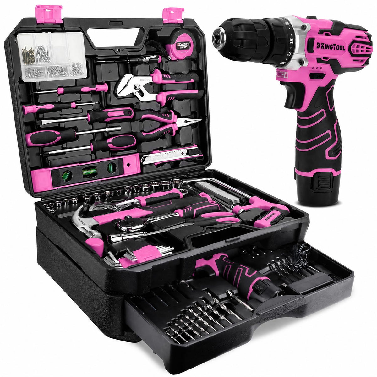 KingTool 276-Piece Tool Set Kit with 12V Cordless Power Drill (Red Black)