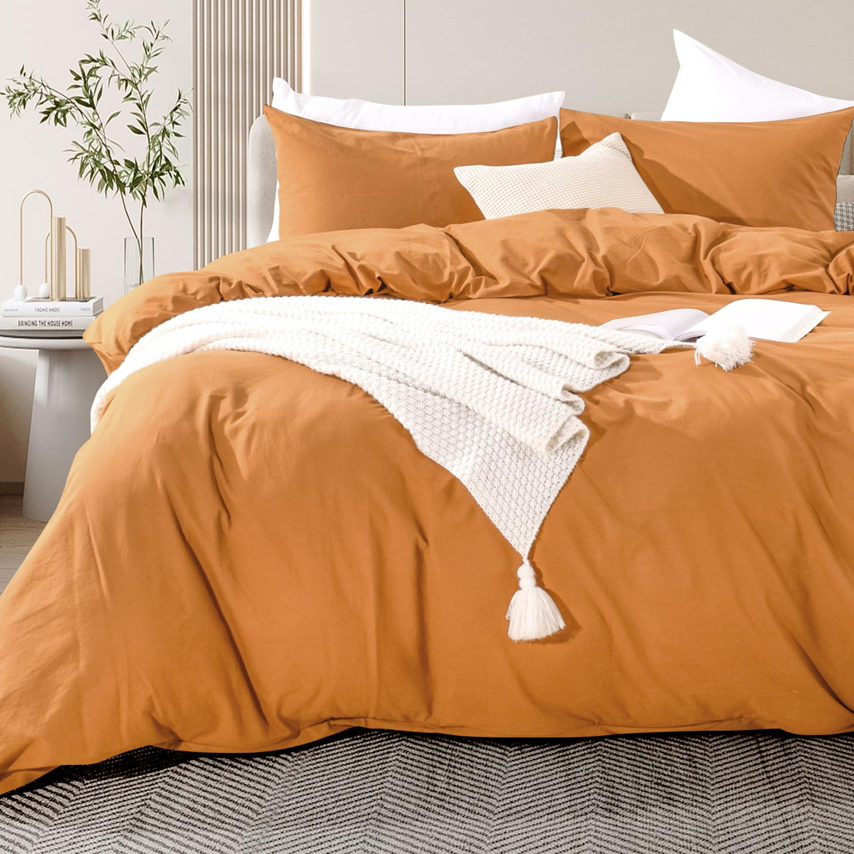 NEXHOME PRO Duvet Cover Set Queen Size Linen Look Textured 100% Washed Cotton Duvet Cover Burgundy Dark Red 3 Pieces Bedding Set with Zipper Closure,Breathable, Soft Organic Natural(No Comforter)