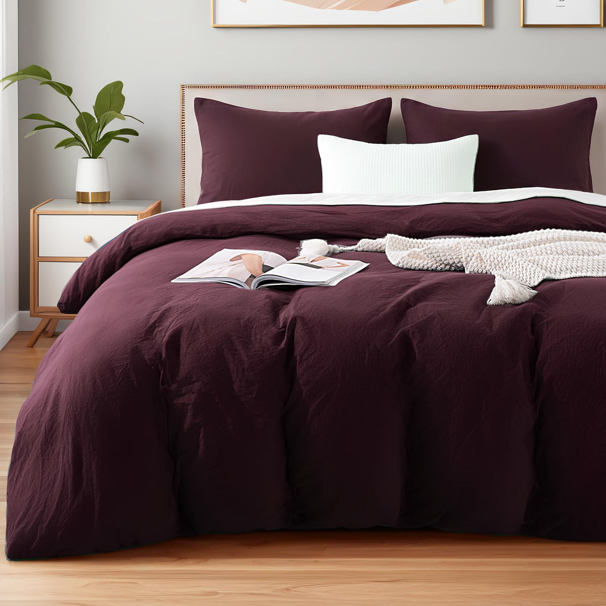 NEXHOME PRO Duvet Cover Set Queen Size Linen Look Textured 100% Washed Cotton Duvet Cover Burgundy Dark Red 3 Pieces Bedding Set with Zipper Closure,Breathable, Soft Organic Natural(No Comforter)