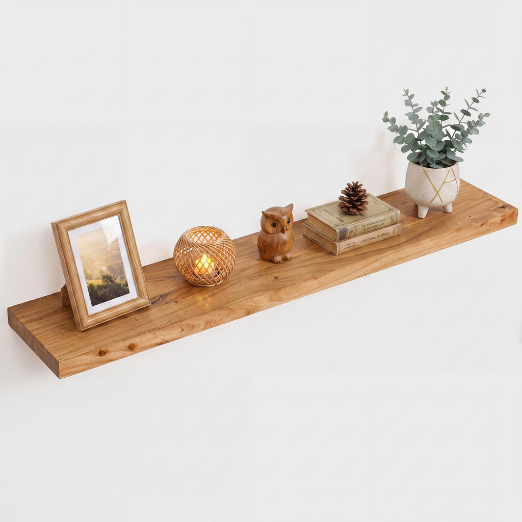 Live Edge Elm Floating Shelves - 24 In Rustic Solid Wood Shelves with Heavy-Duty Invisible Bracket, Wall-Mounted Wooden Shelf for Living Room, Bathroom, Kitchen Storage & Display, Set of 2, Natural