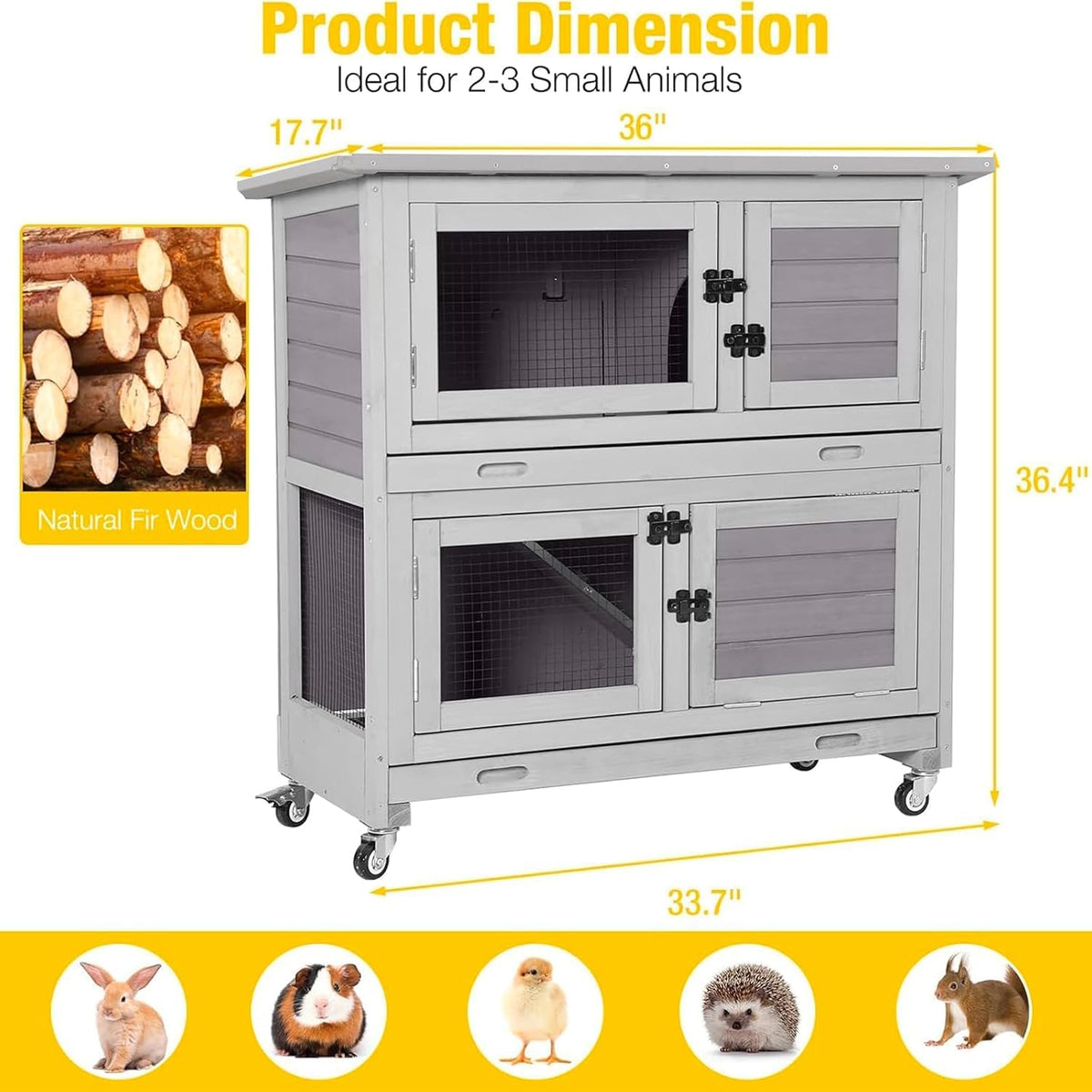 Aivituvin Rabbit Hutch Indoor Bunny Cage Outdoor 2 Story Pet House Guinea Pig Cage on Wheels 36" L