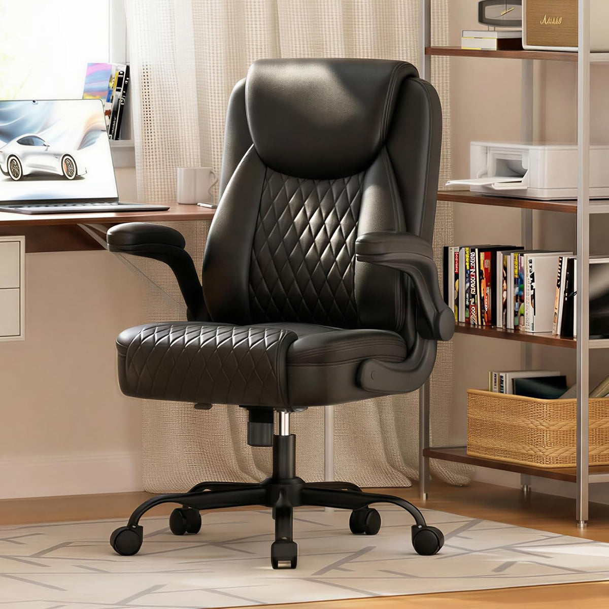 GTPLAYER PU Leather Office Chair, Home Desk Chair with Flip-up Arms, Modern