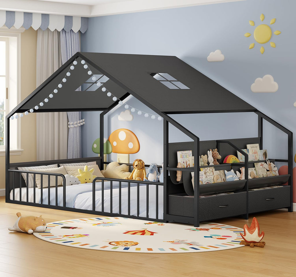 Montessori Full Size Floor Bed, Safety Guardrails, Reading Nook, Pink