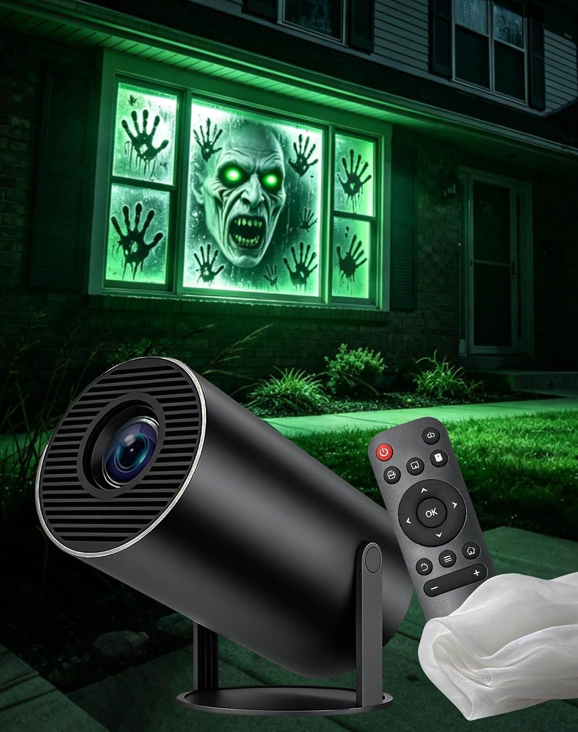 W/ Video Halloween Projector Scary Halloween Decorations，Black：With Fabric