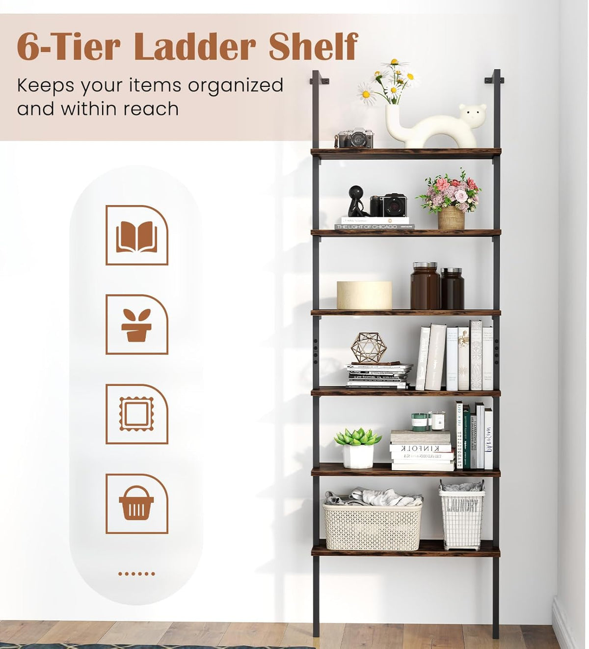 GIANTEX 6-Tier Ladder Shelf, 72" Wall Mounted Bookshelf with Metal Frame, Industrial Open Storage Shelves, Wooden Bookcase Display Rack for Living Room, Home Office, Bedroom (2,Rustic Brown)