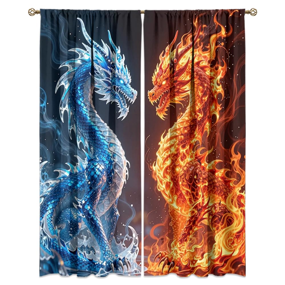 Dreamy Ice Fire Dragon Rod Pocket Curtains-Fantasy Yin Yang Theme Blackout Curtains & Drapes for Bedroom,Mythological Wild Animals Dragon Room Darkening Window Curtain,2pcs,Each 52“W x 96”L